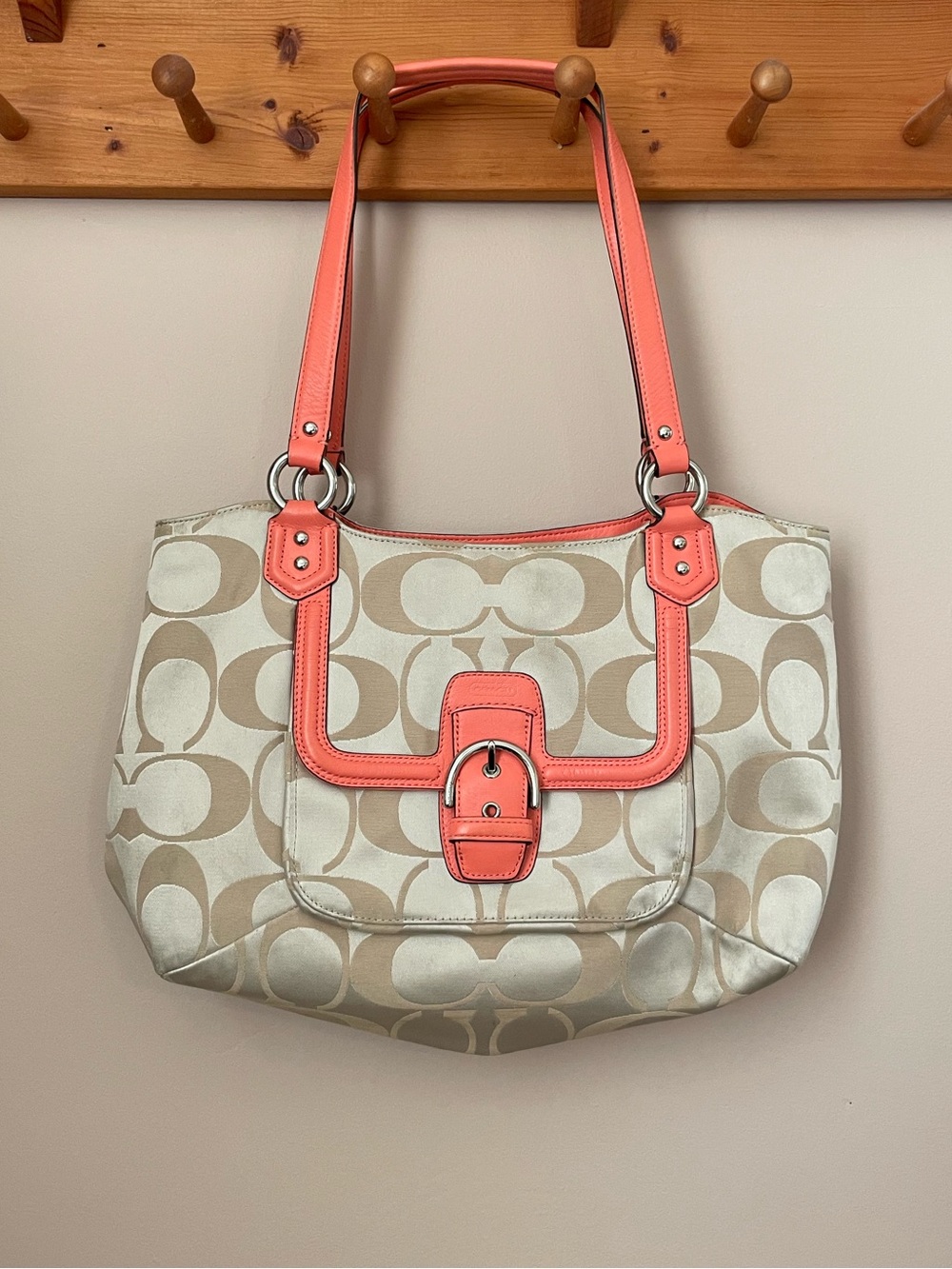 Coach Signature Belle Carryall - Coral/Beige